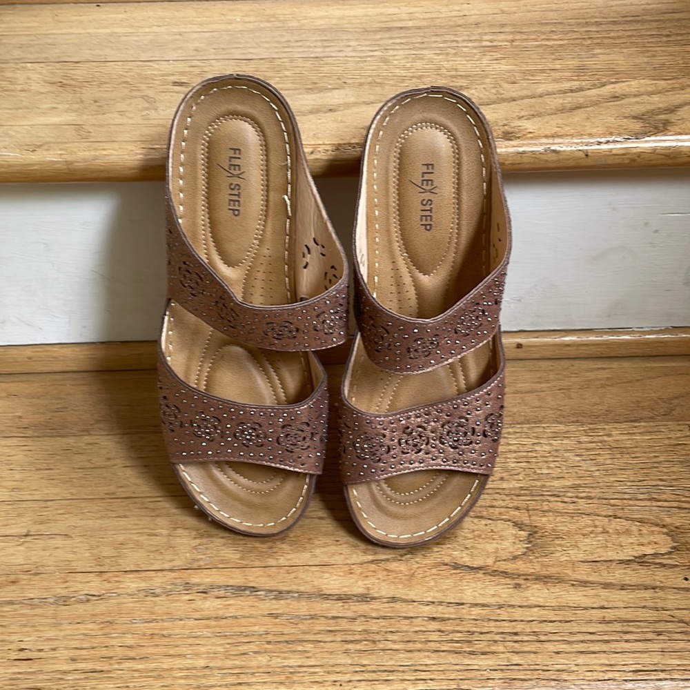 Flex Step slip on embellished sandals/bronze color. Hardly worn. See bottoms